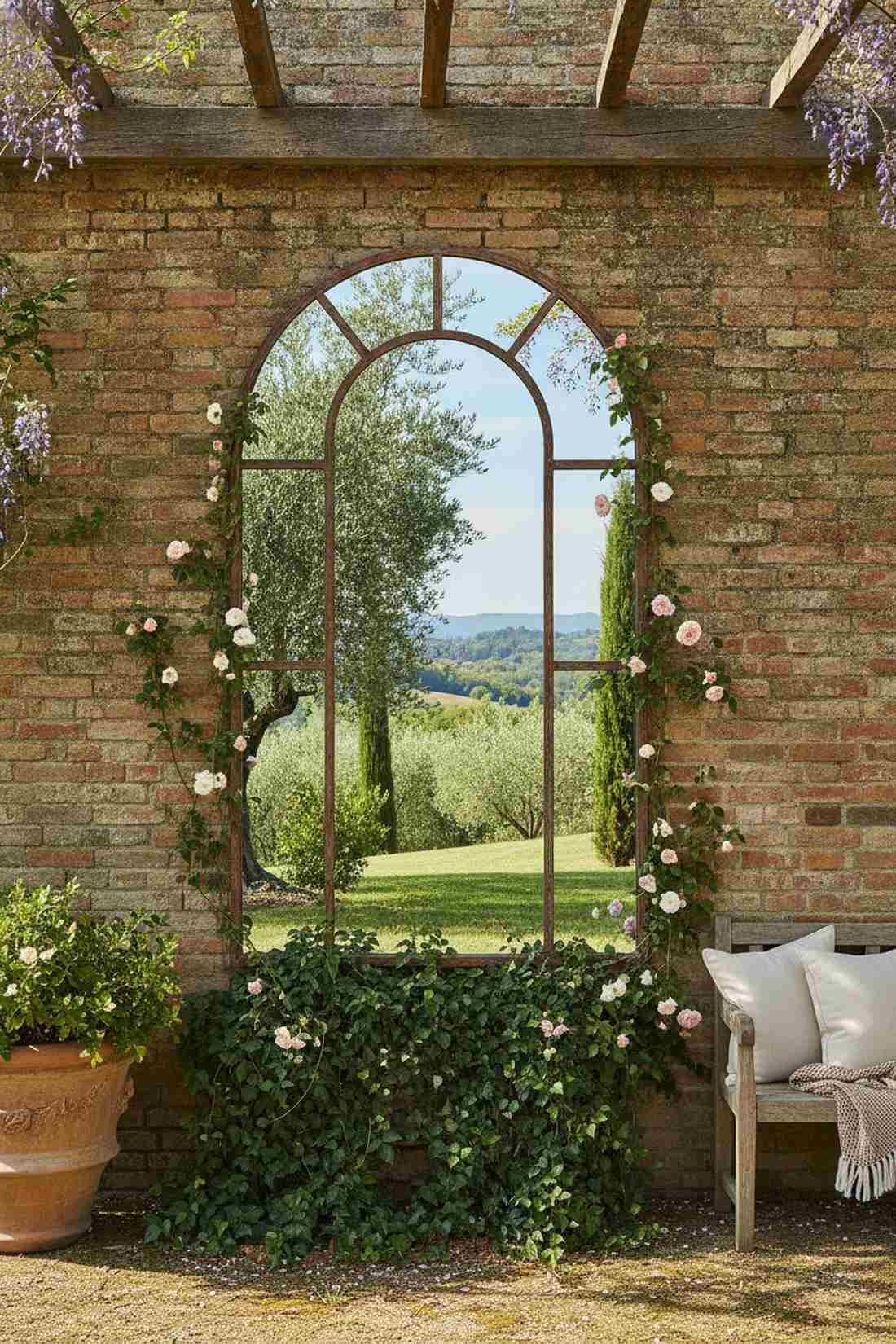 arched mirror with rustic iron frame