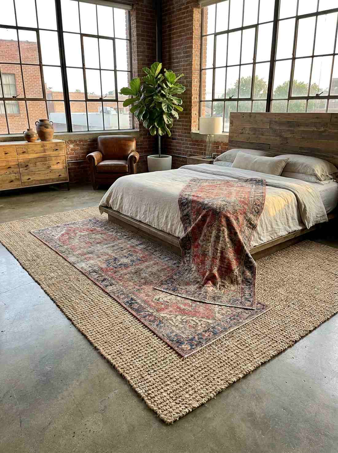 concrete floors layered with vintage rugs