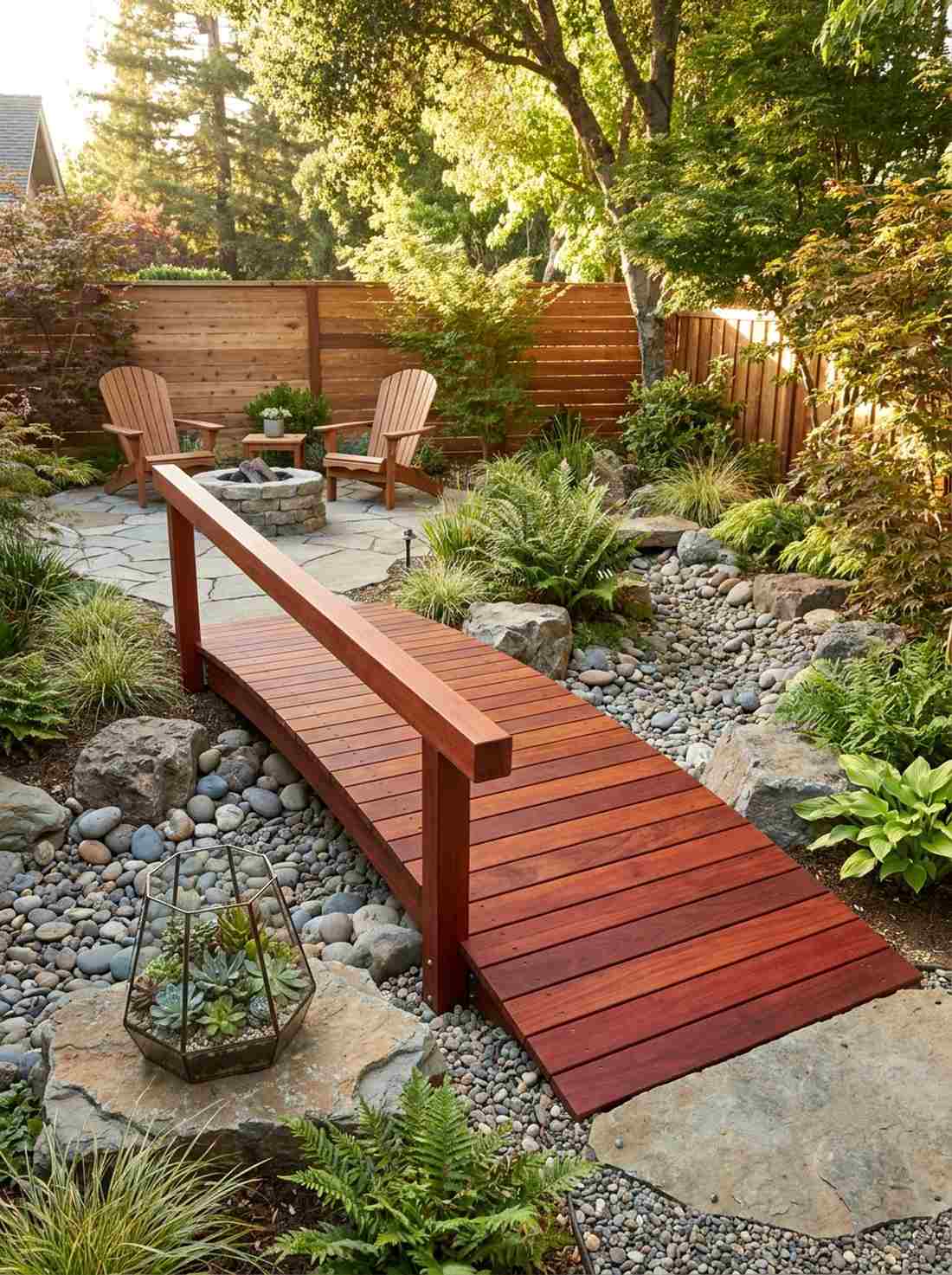 gentle arc redwood bridge with single handrail