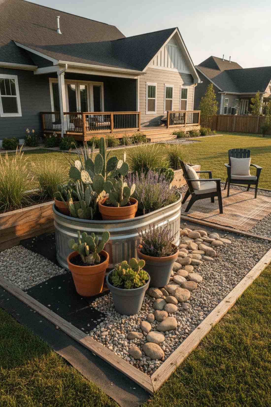 gravel oasis stock tank with potted perennials