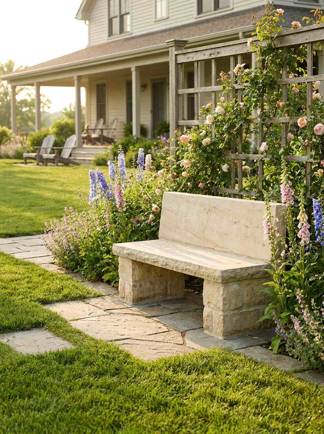 limestone bench with mortared block construction