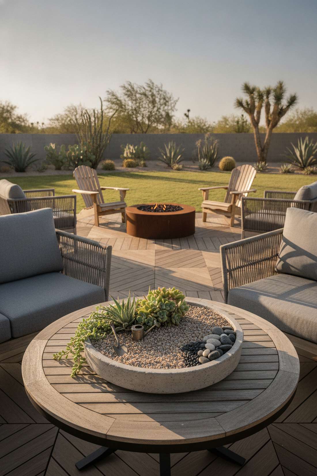 miniature desert vignette in concrete bowl
