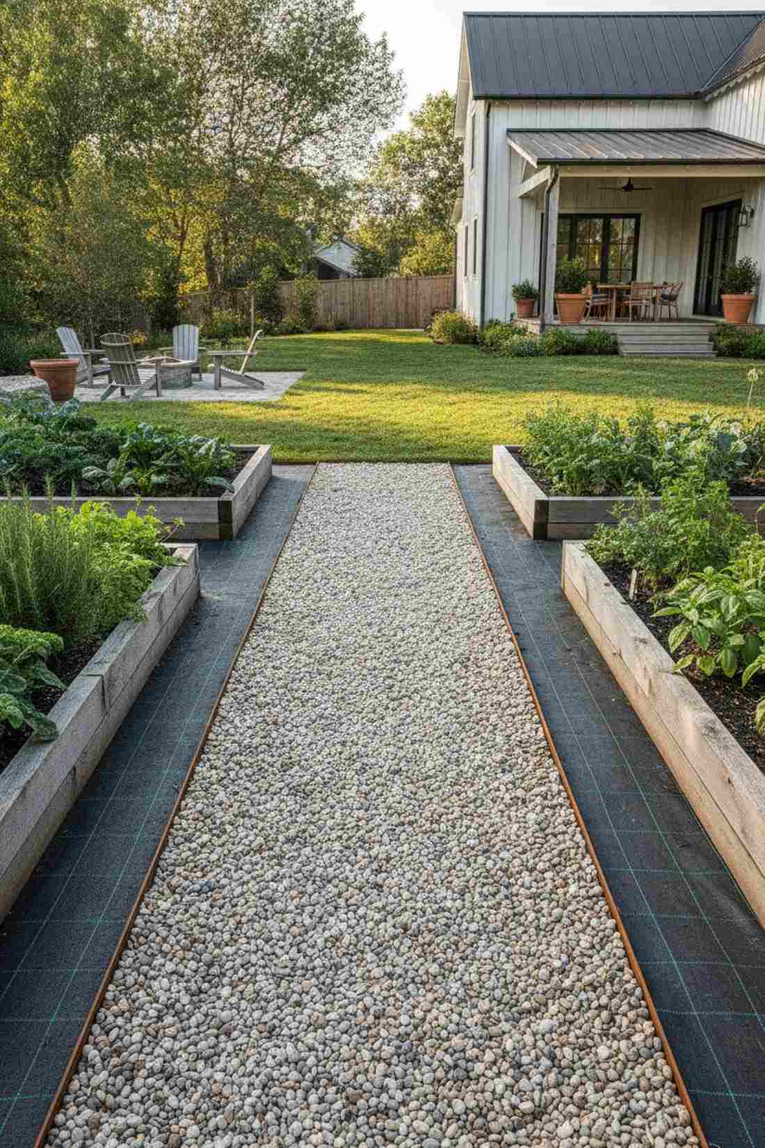 pea gravel between steel edging