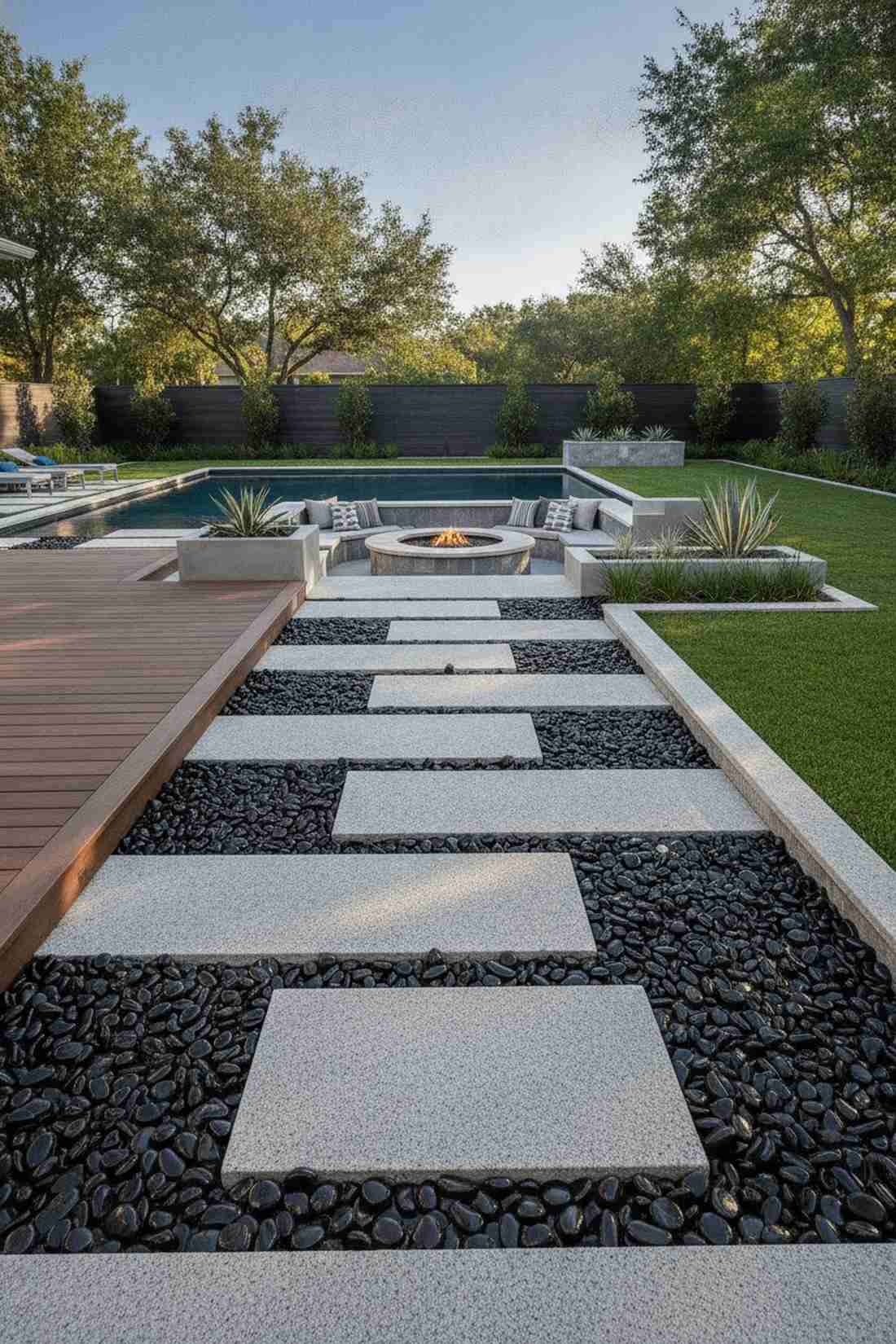 polished black river rock bed with granite steps