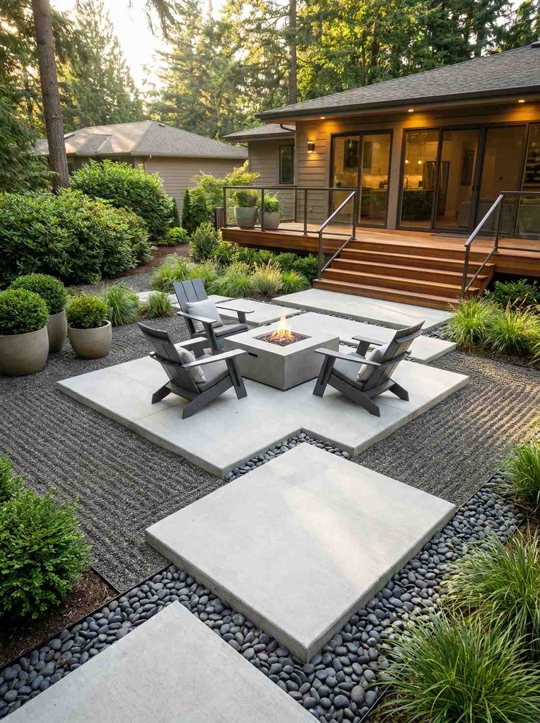 poured concrete pads with raked gravel surrounds
