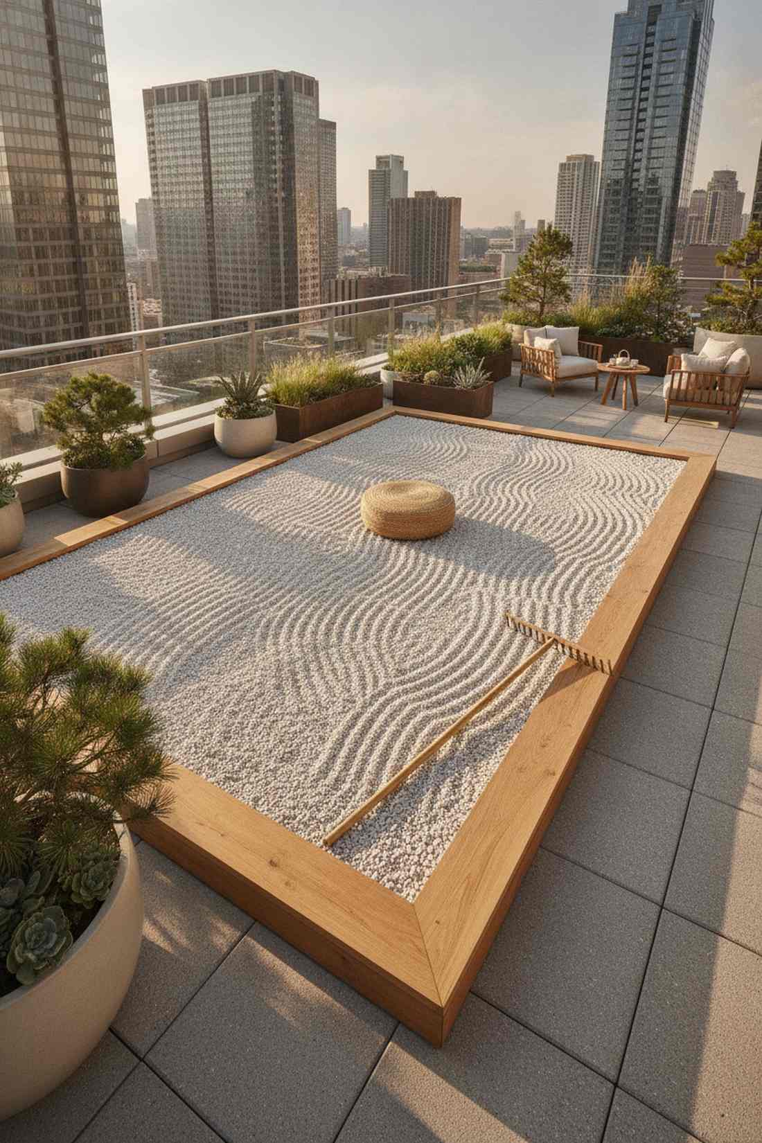 raked gravel meditation platform