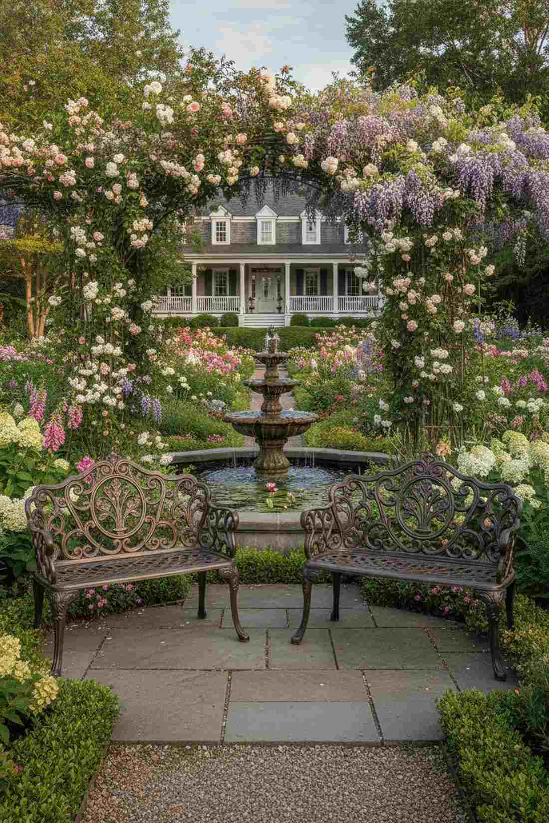 scrollwork garden benches with central medallion