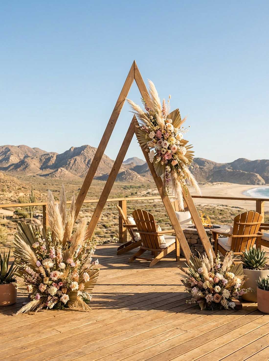 triangular wooden arch with wildflower clusters