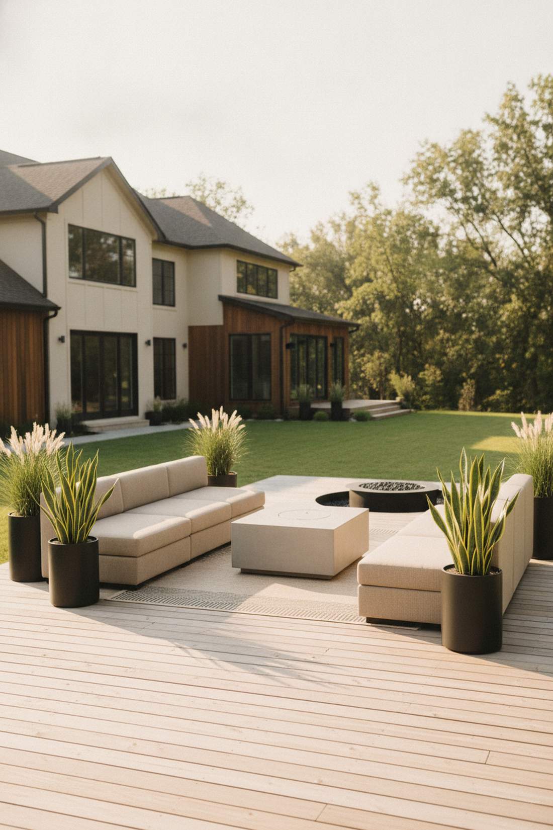 beige with black planters for modern contrast