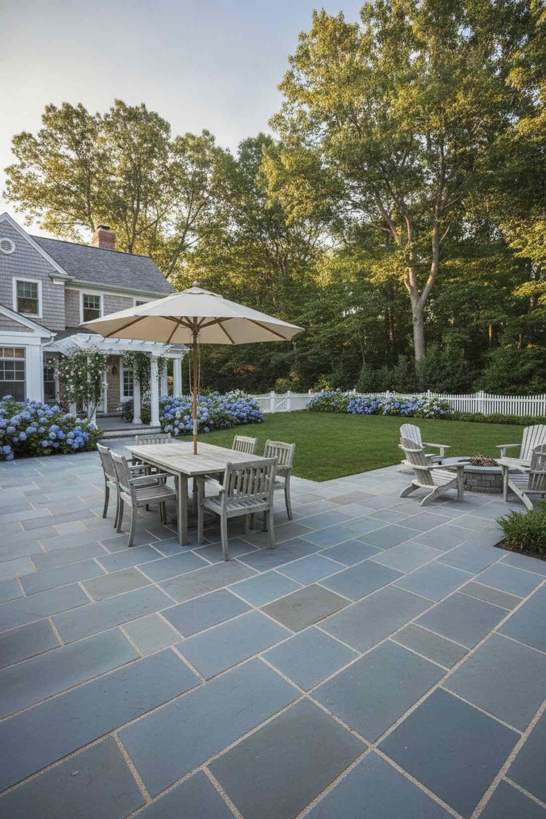bluestone pavers with teak furniture
