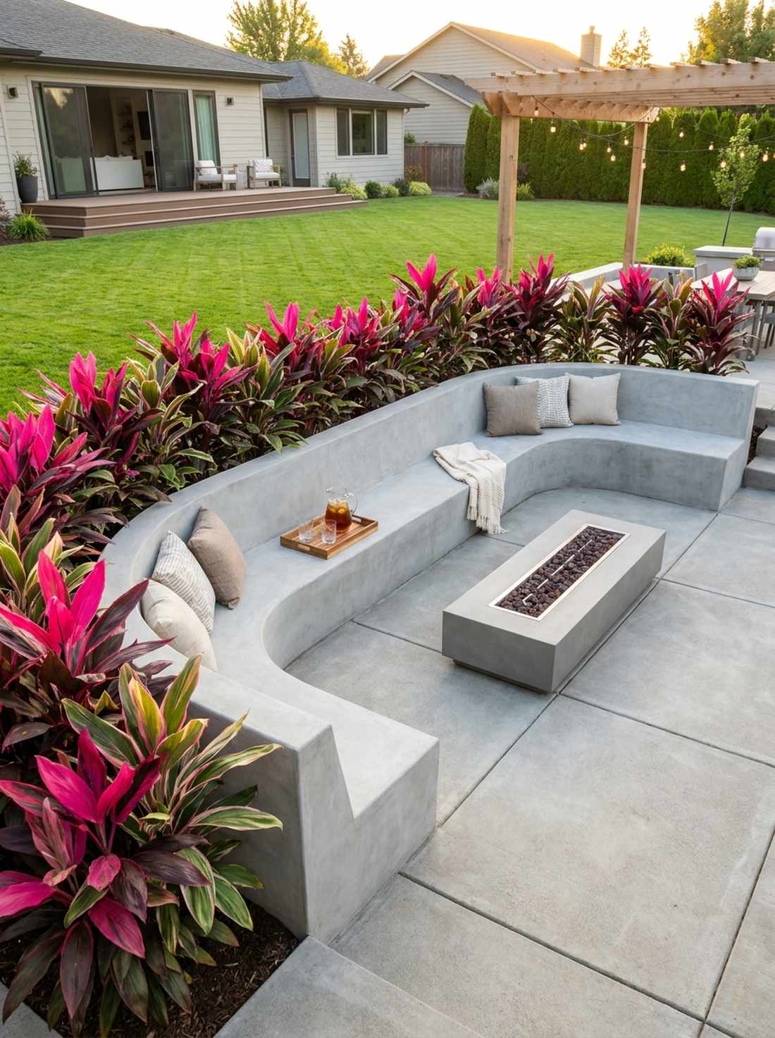 built in bench perimeter with ti plants