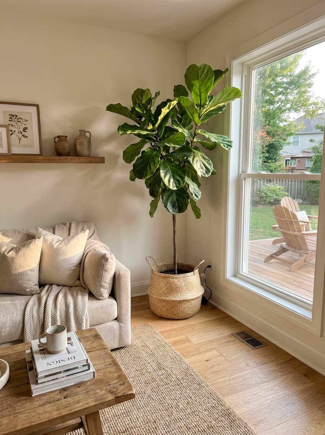 fiddle leaf fig in woven basket