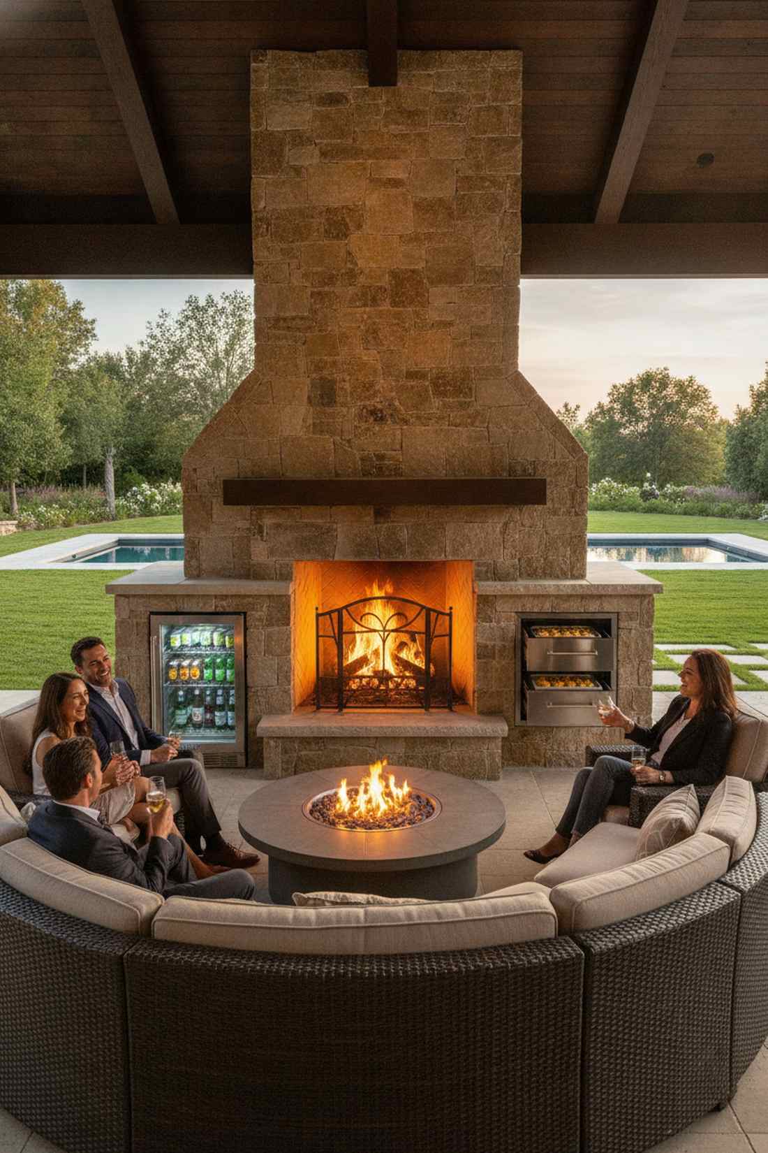 fireplace with warming drawers and beverage cooler