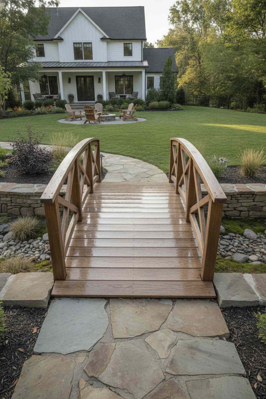 low wooden bridge with stone approaches