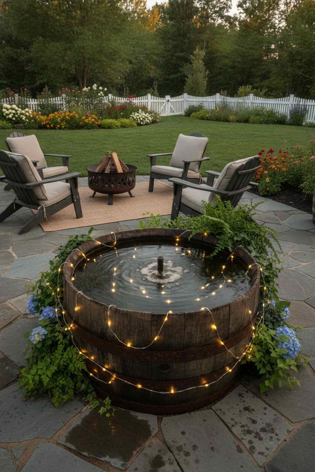 whiskey barrel fountain surrounds