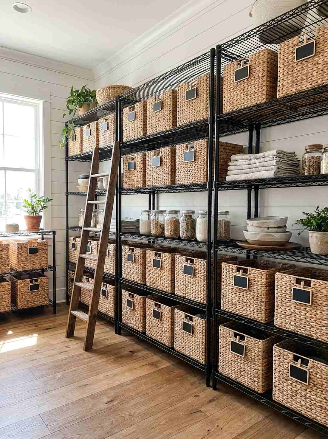 woven baskets on industrial shelves