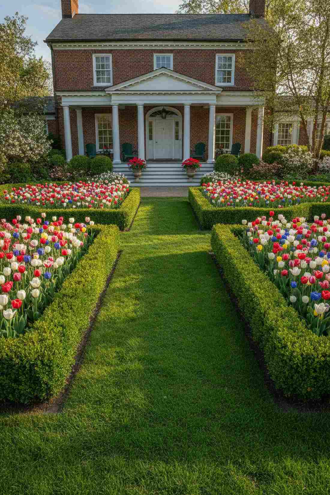 boxwood parterres flanking central lawn