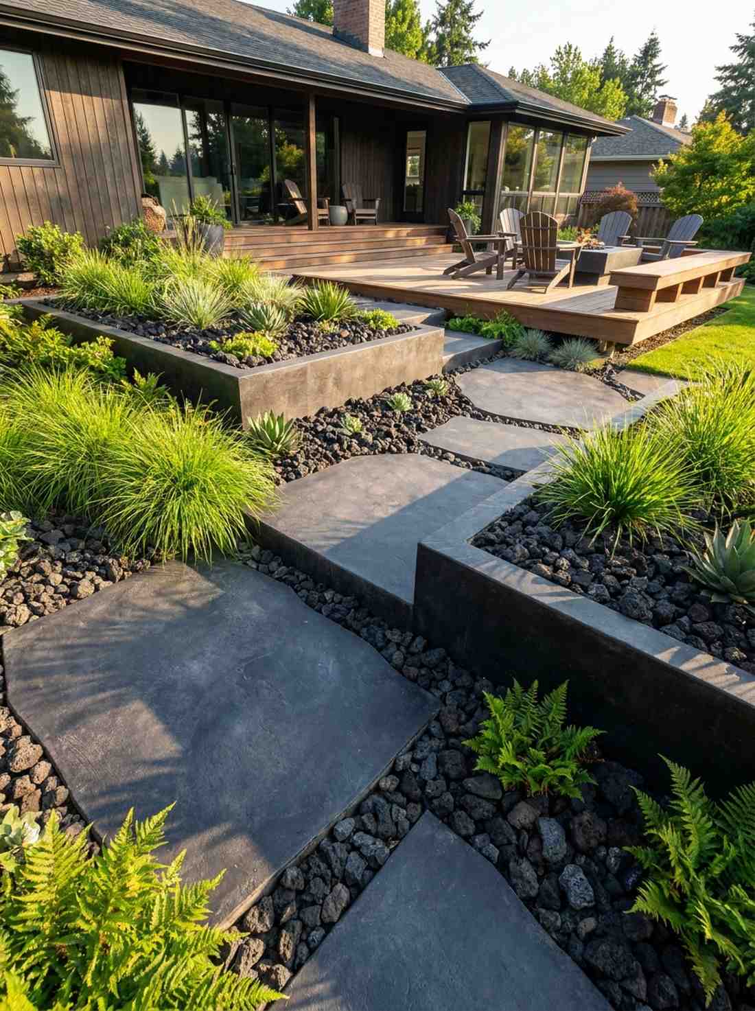 charcoal concrete with black lava rock