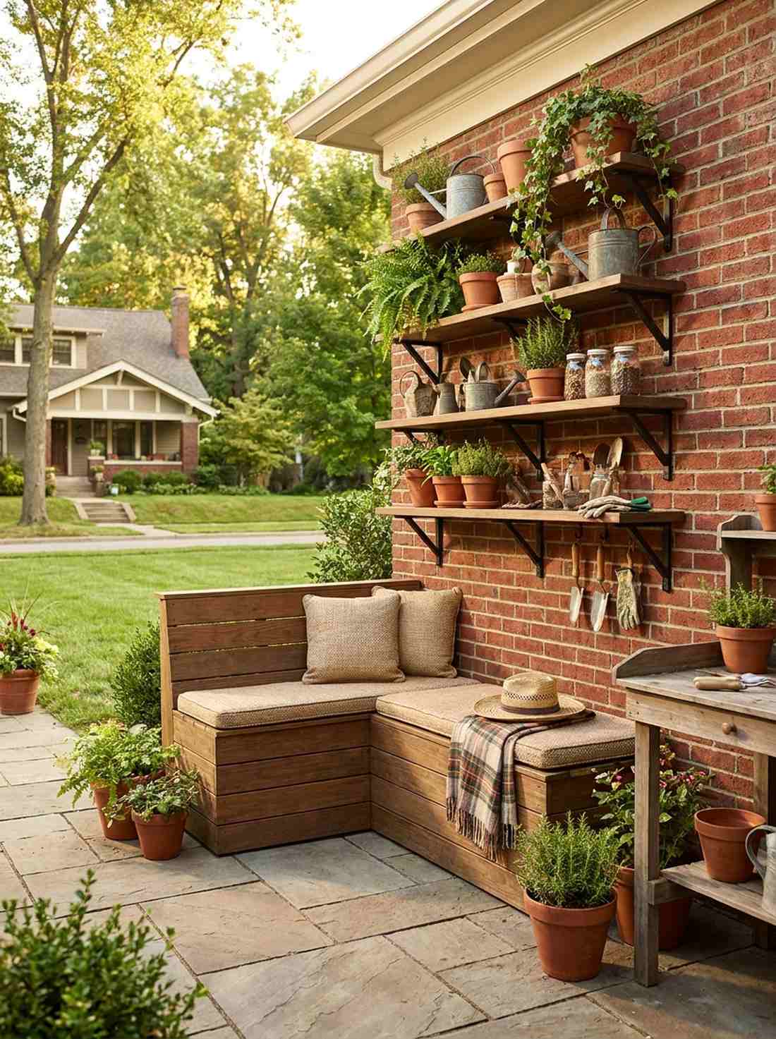 corner shelving with bench