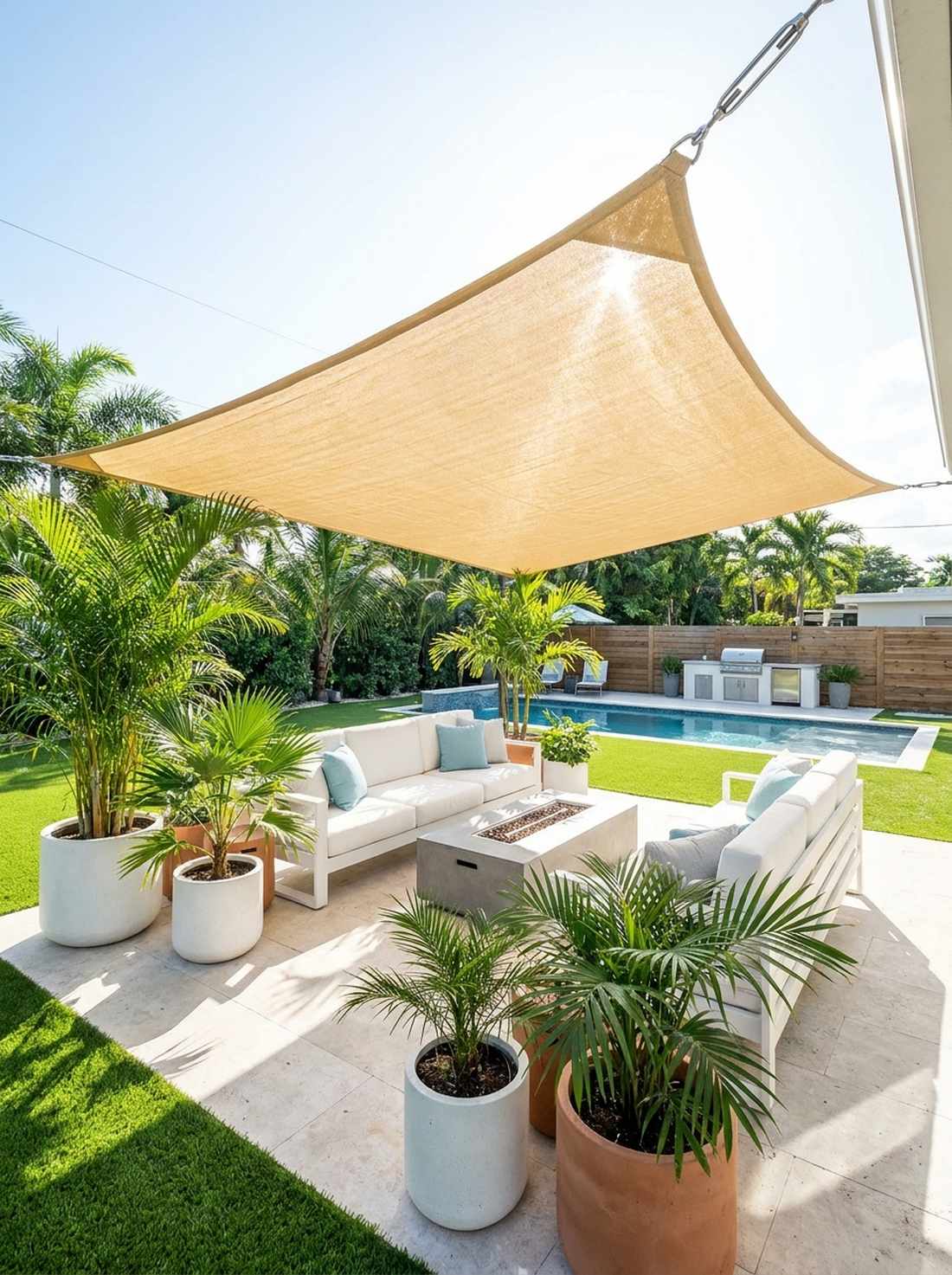 overhead shade sail with potted palm collection