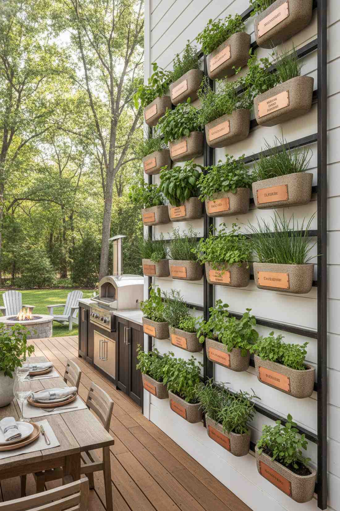 vertical herb garden with label plaques