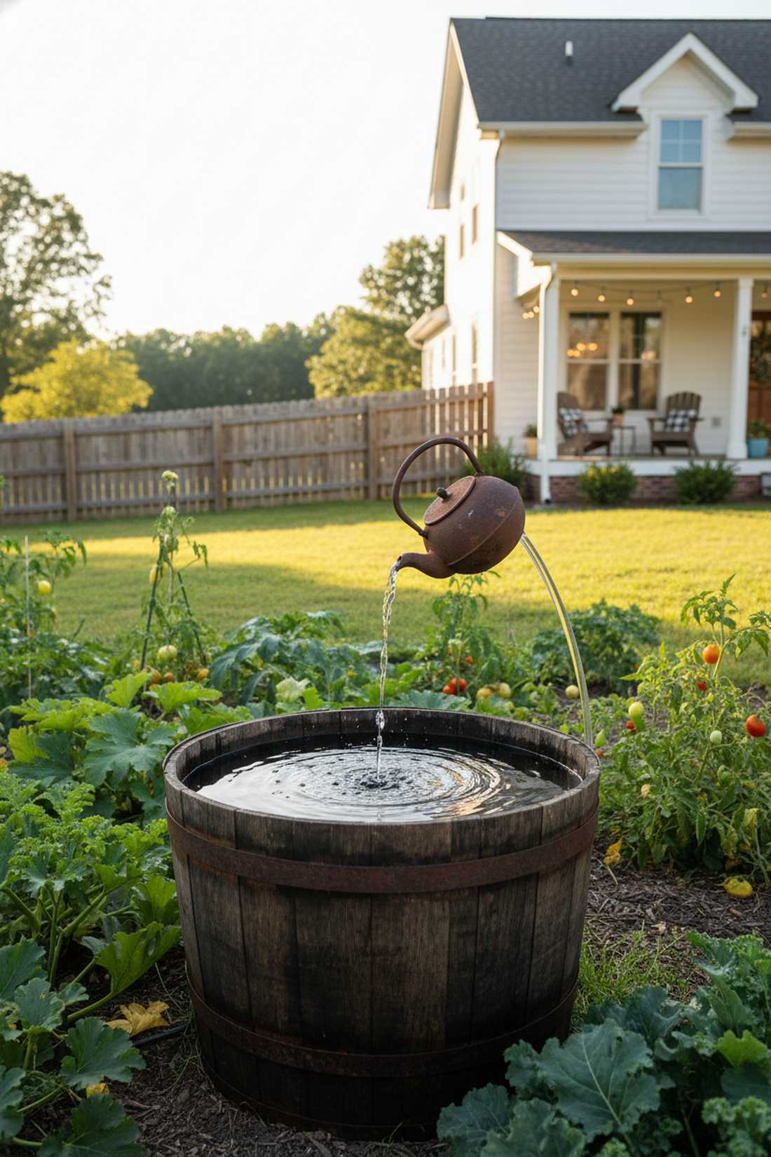 whiskey barrel teapot fountain