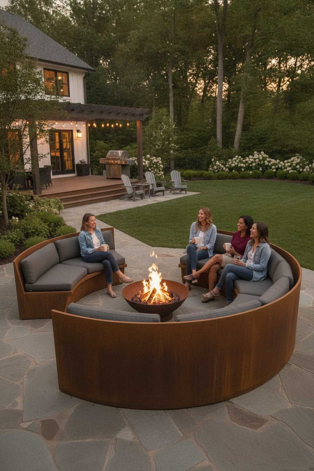 crescent bench with central fire feature