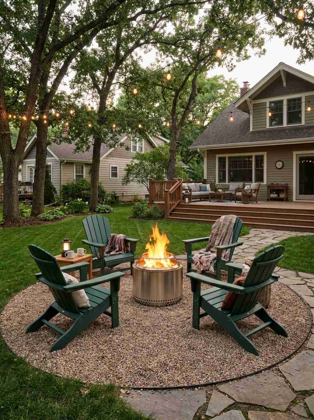 green adirondack chairs around firepit
