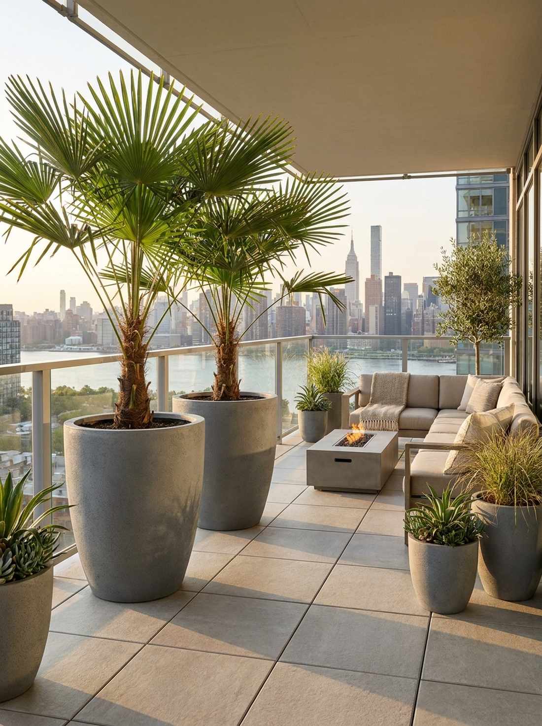 lightweight composite planters with windmill palms