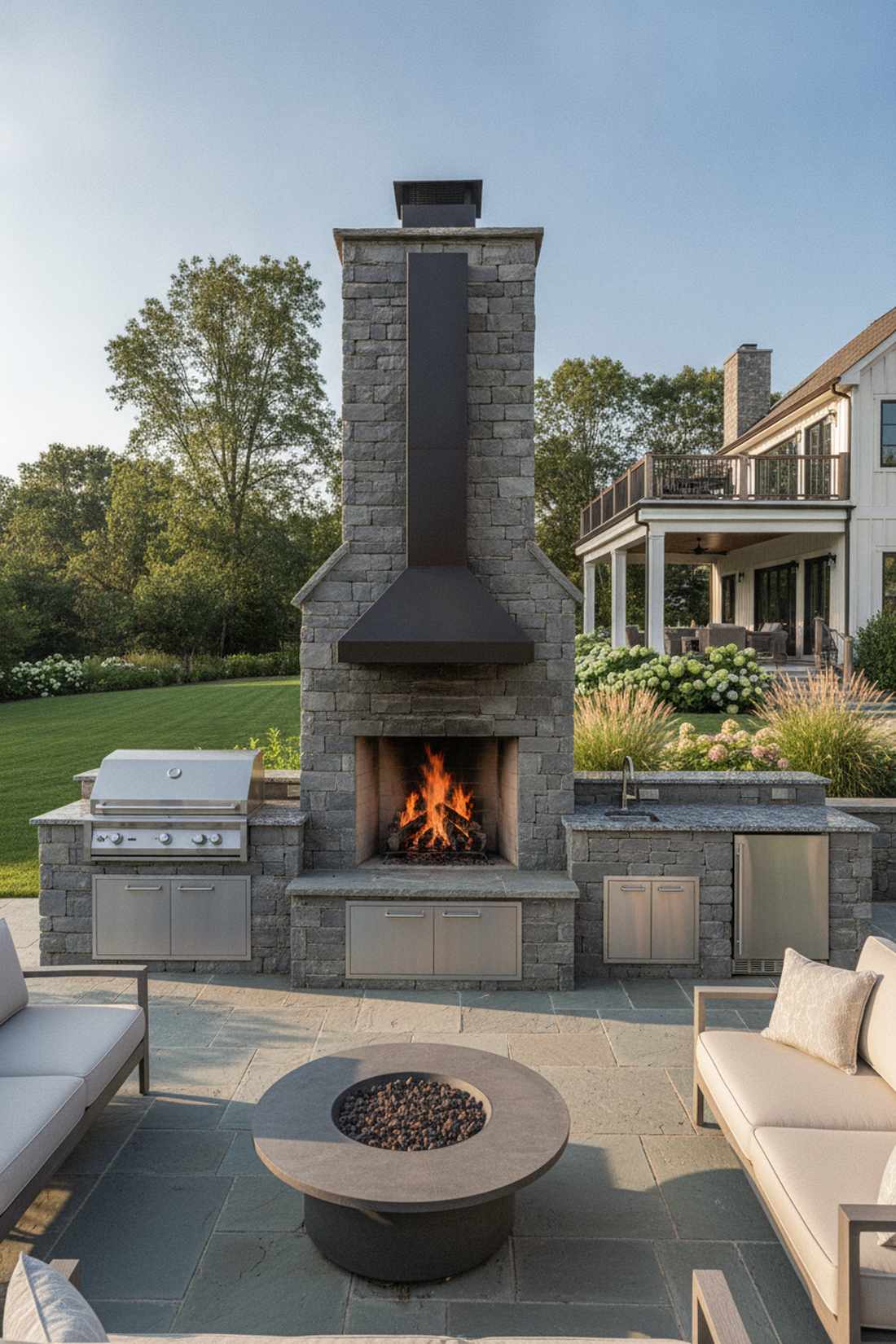 outdoor kitchen with fireplace