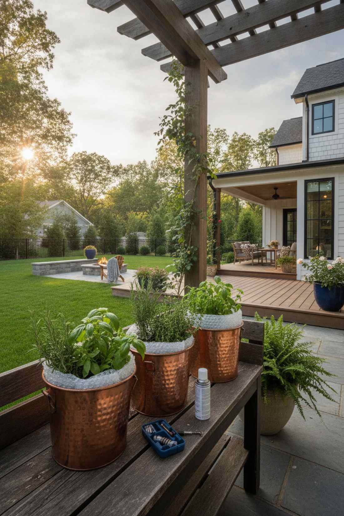 copper and metal accent pots