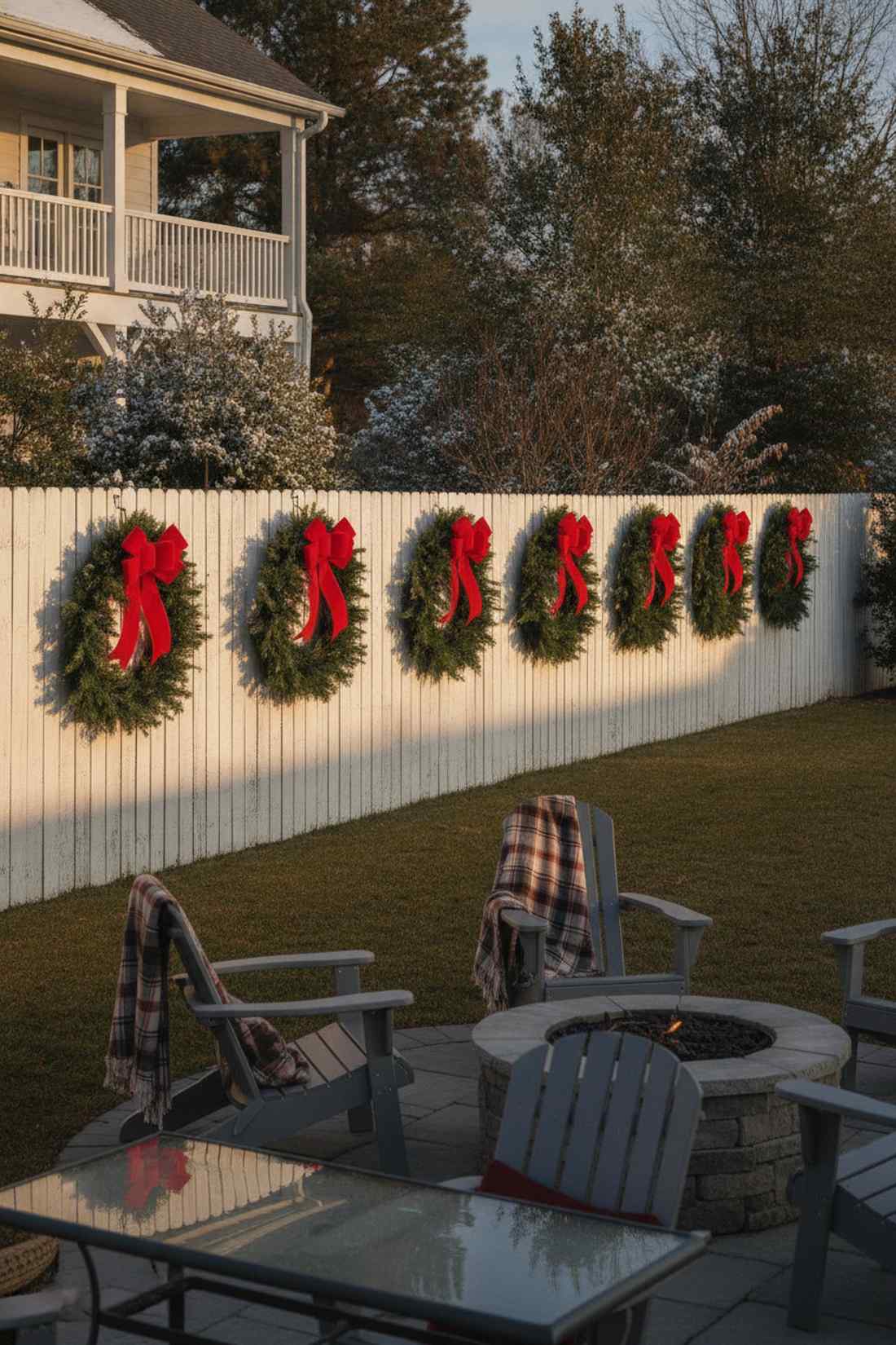 evergreen wreath fence display