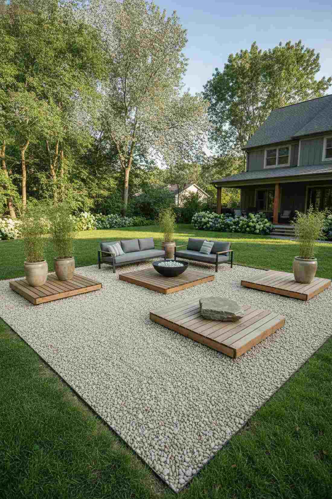 gravel patio with deck islands