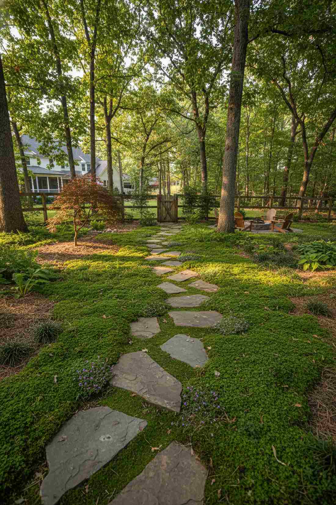 irregular stepping stones in moss