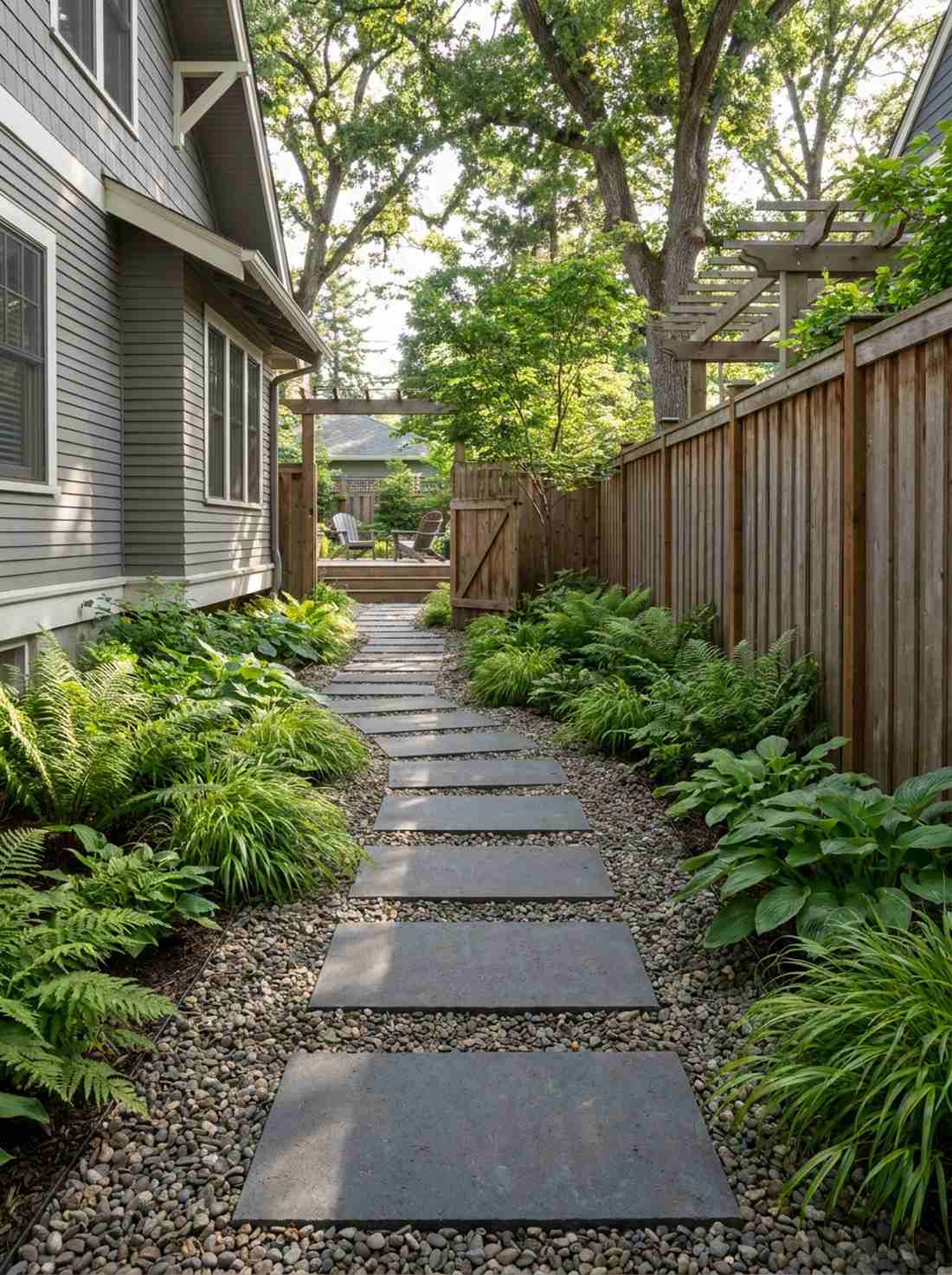 side yard gravel walk with shade planting