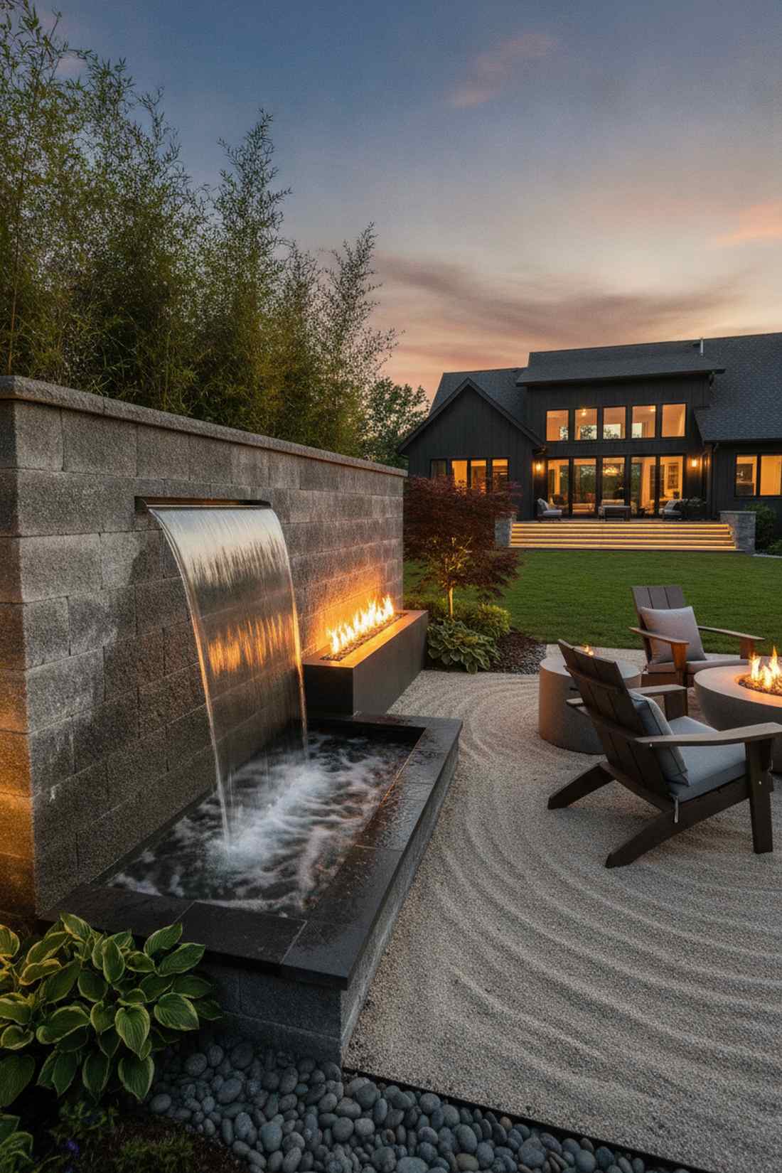 waterfall and fireplace combination feature