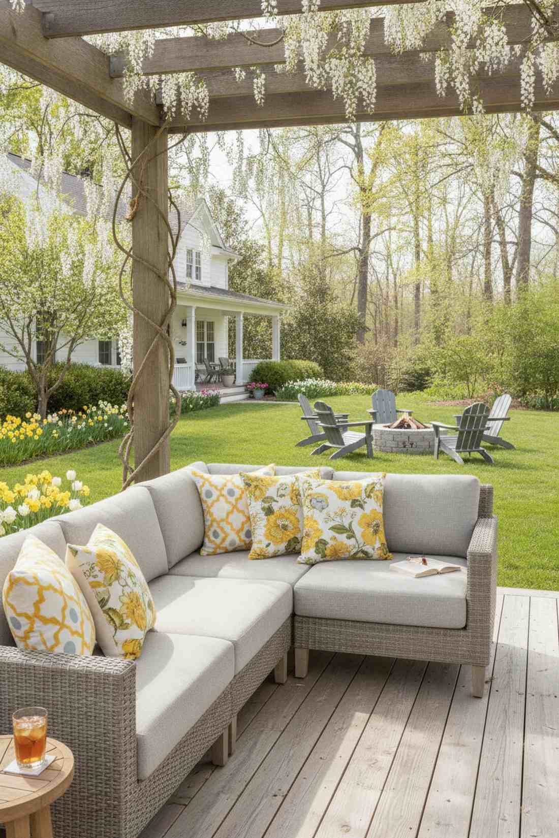 yellow accent pillows on neutral furniture
