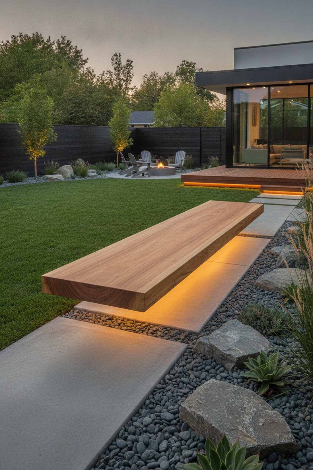floating teak slab benches