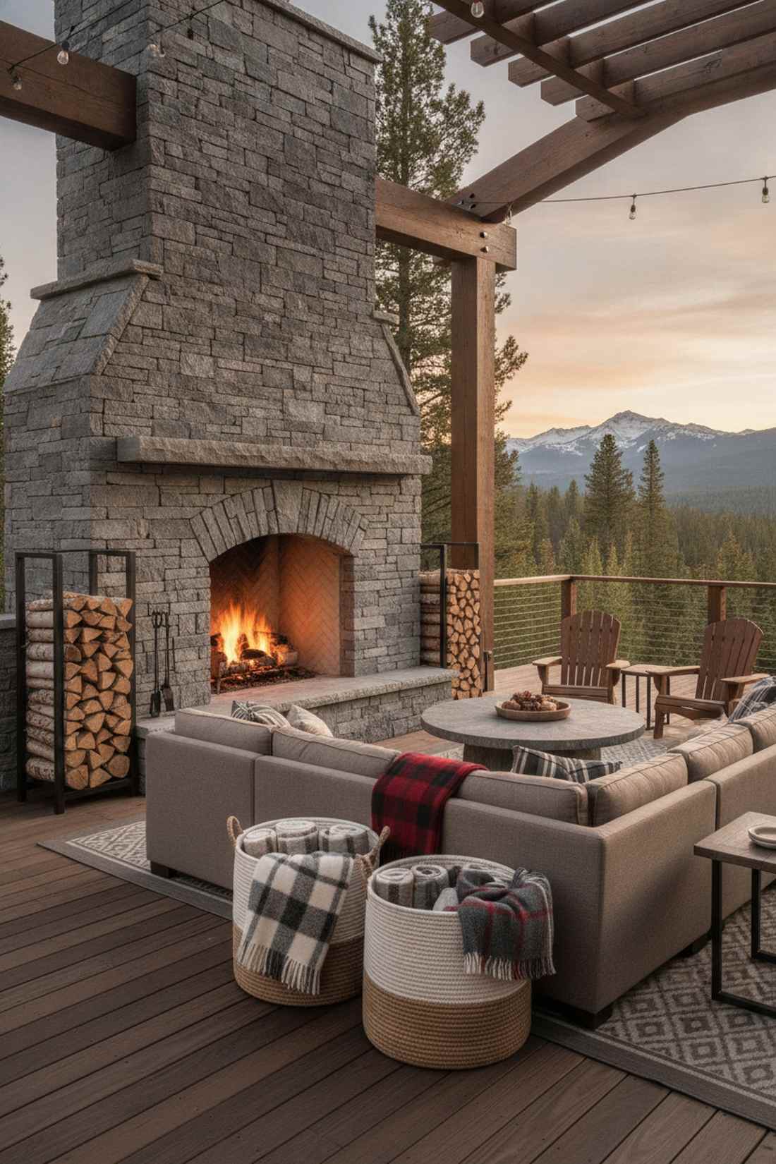 outdoor lounge with fireplace