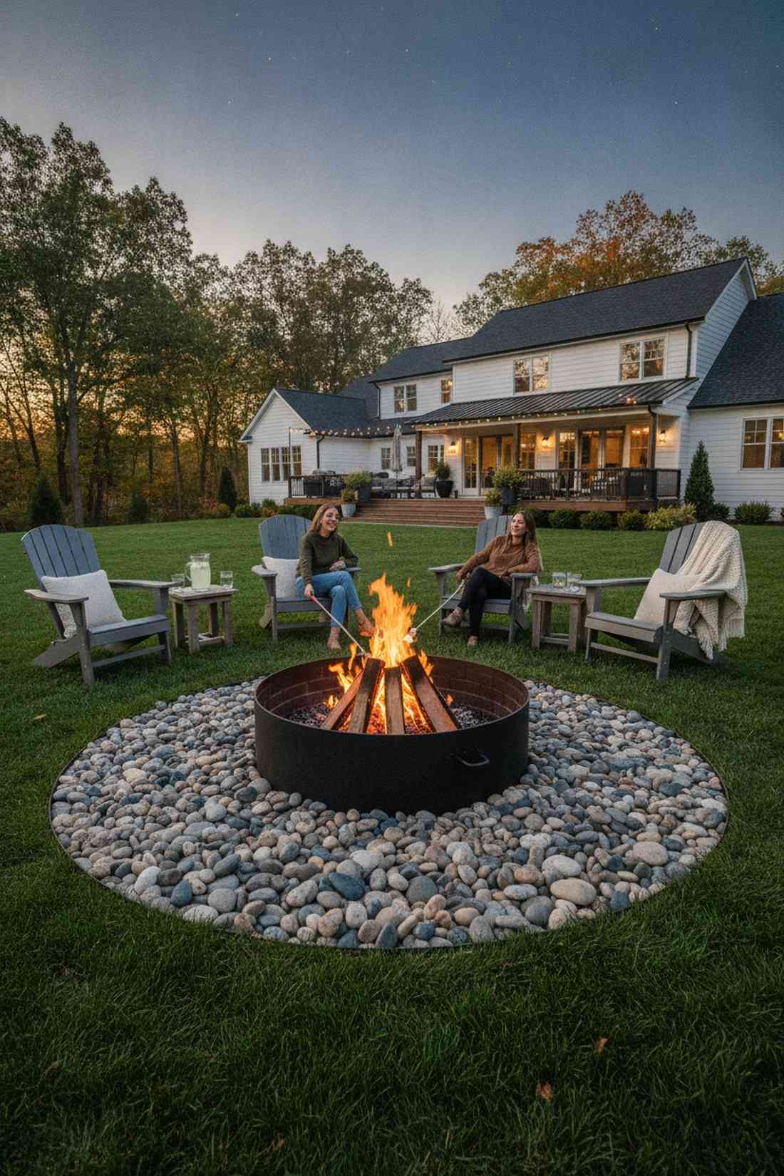 fire pit with beach stone surround