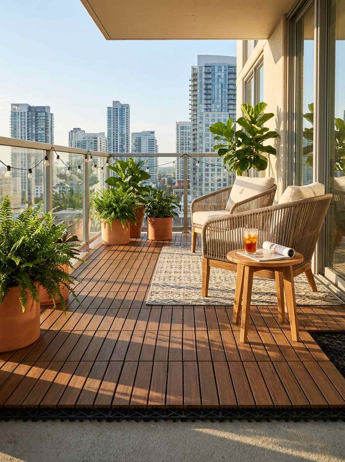 modular deck tiles over drainage mat