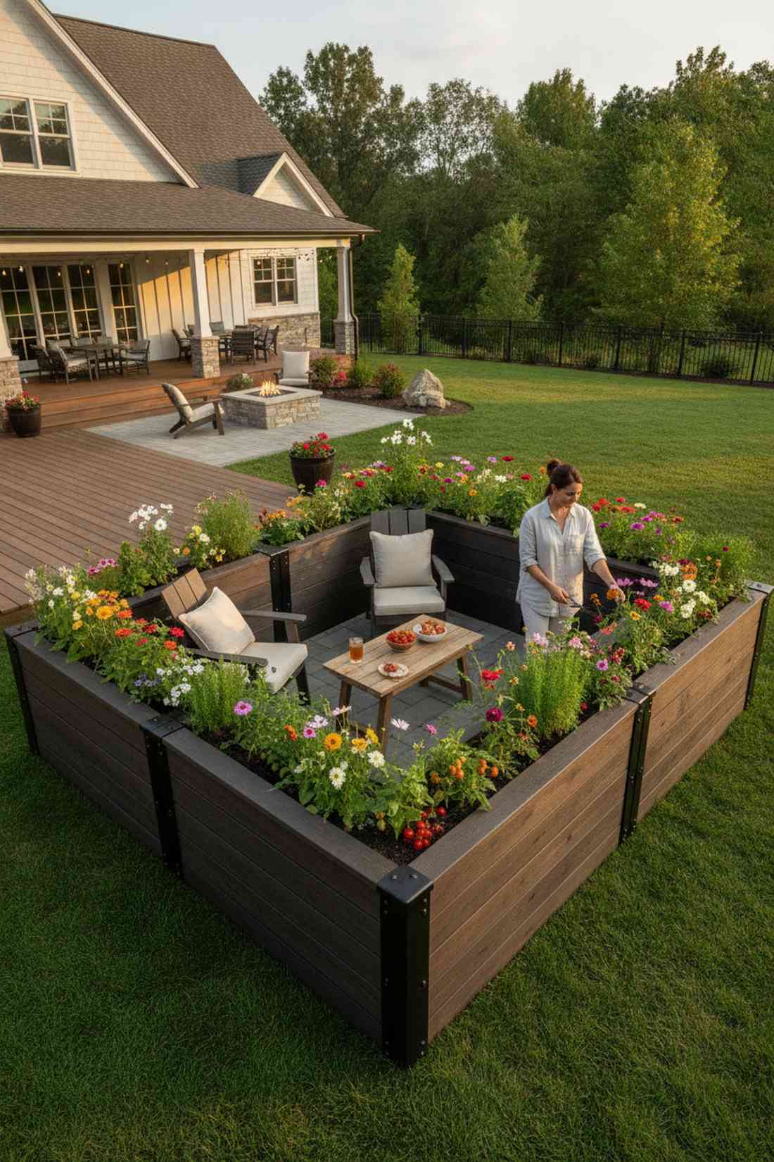patio u shaped kitchen and cut flower bed