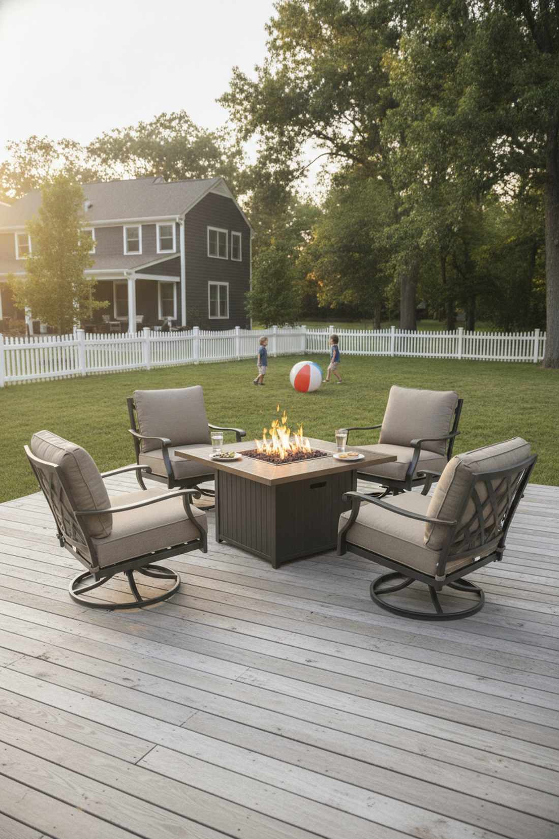 swivel chairs around square fire table