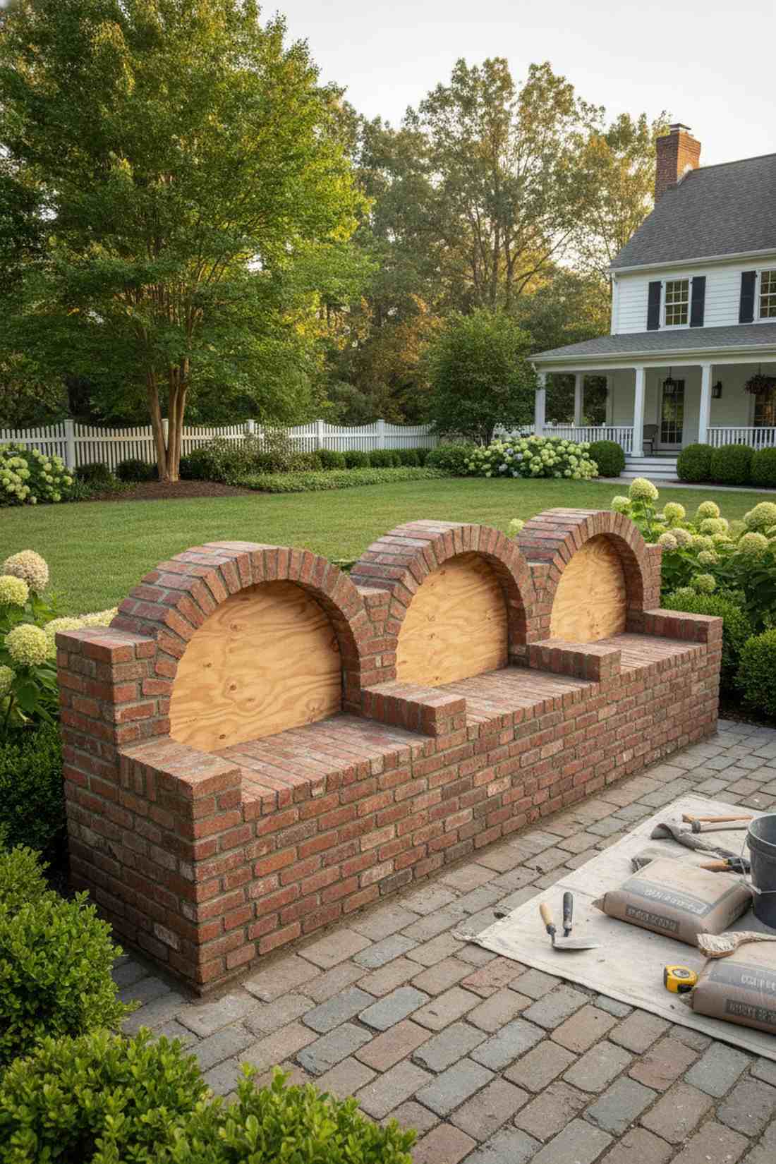 brick masonry bench with arch details