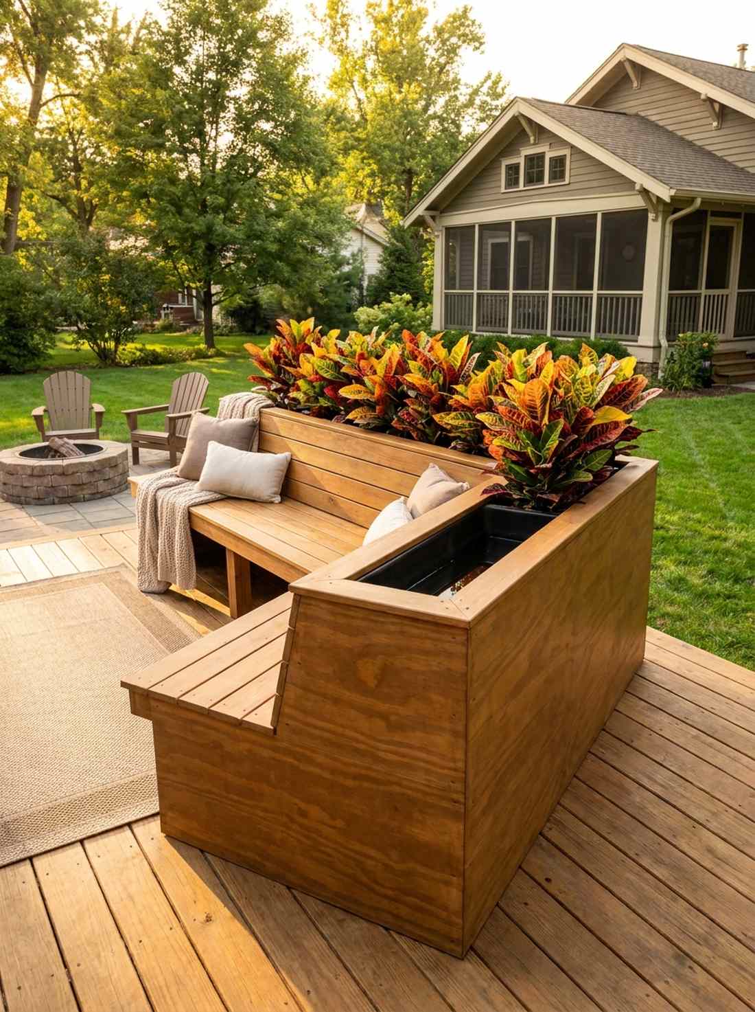 built in bench planter combo with croton
