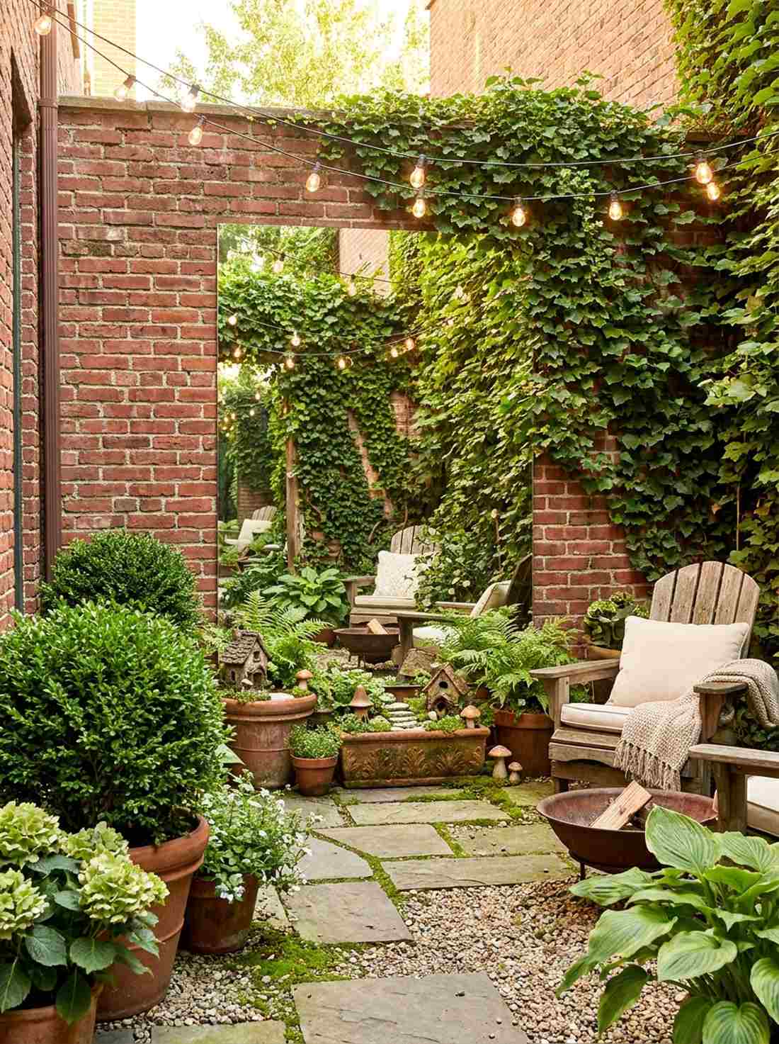 tiny courtyard mirror and climbing greenery