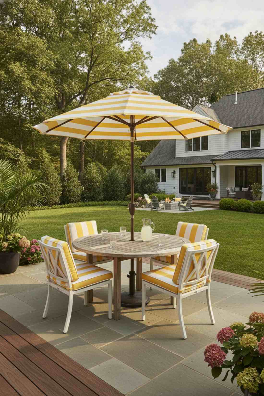 yellow striped umbrella with coordinating cushions