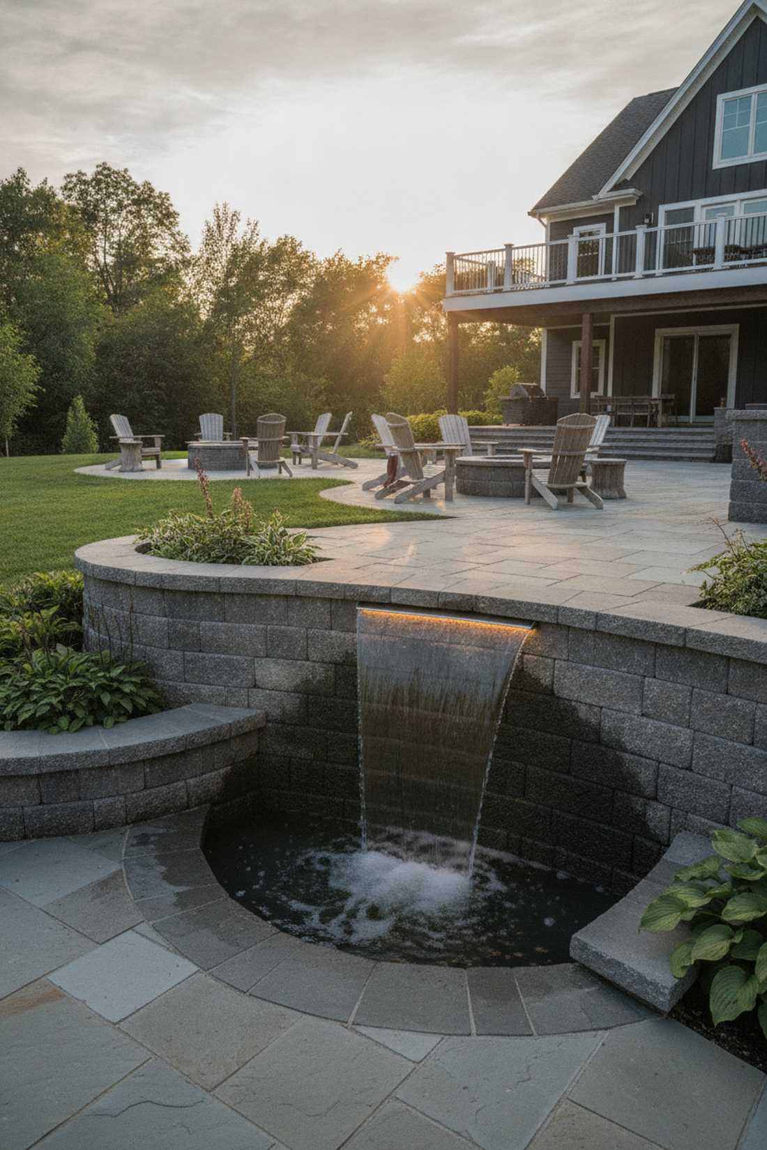 corner waterfall with retaining wall
