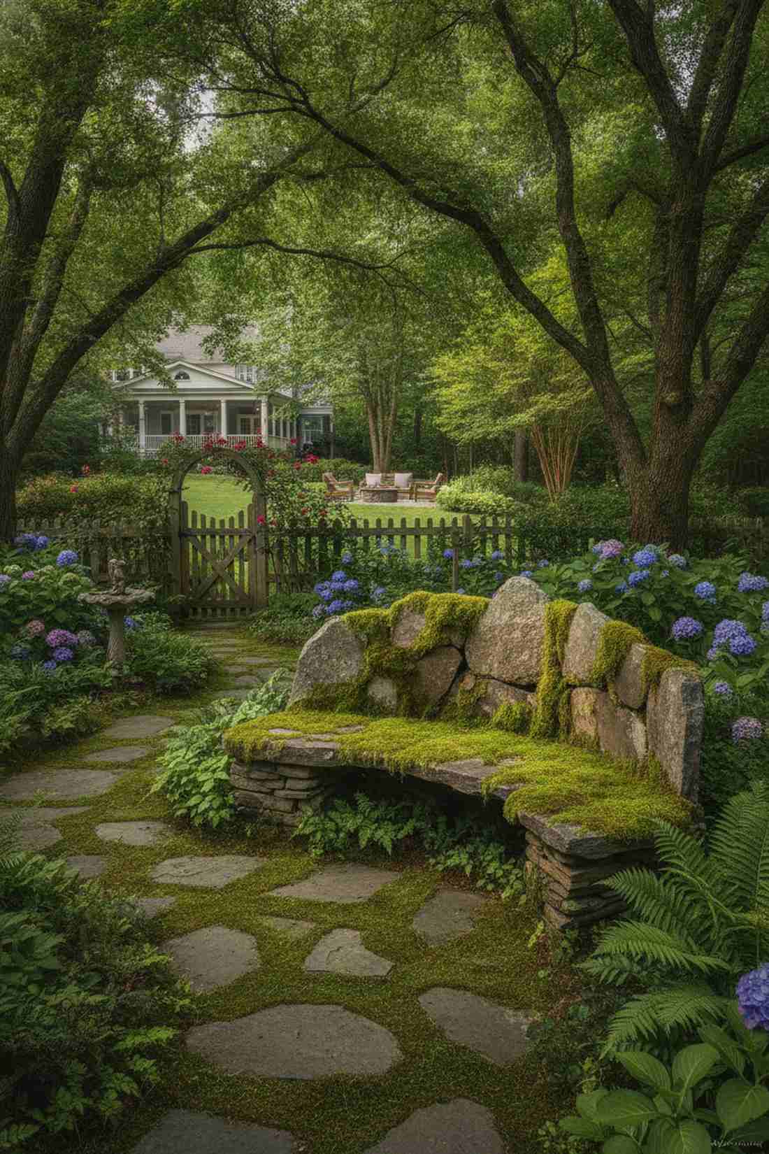 flagstone bench with moss joints