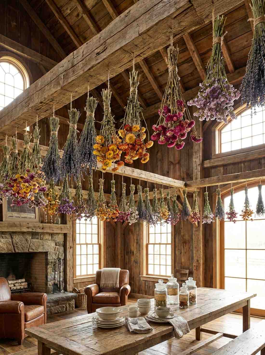 suspended dried flower bundles